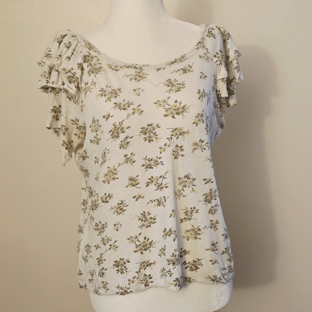 Current/Elliott Women's Medium Cream Floral Ruffle Sleeve Blouse